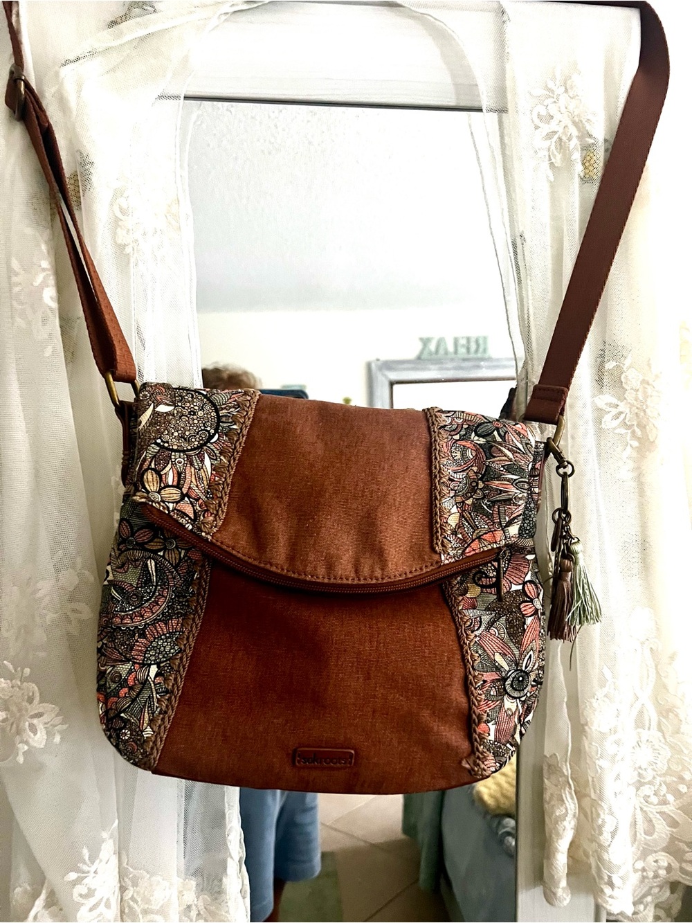 Sakroots Rust Brown Floral Embroidered Crossbody Shoulder Bag